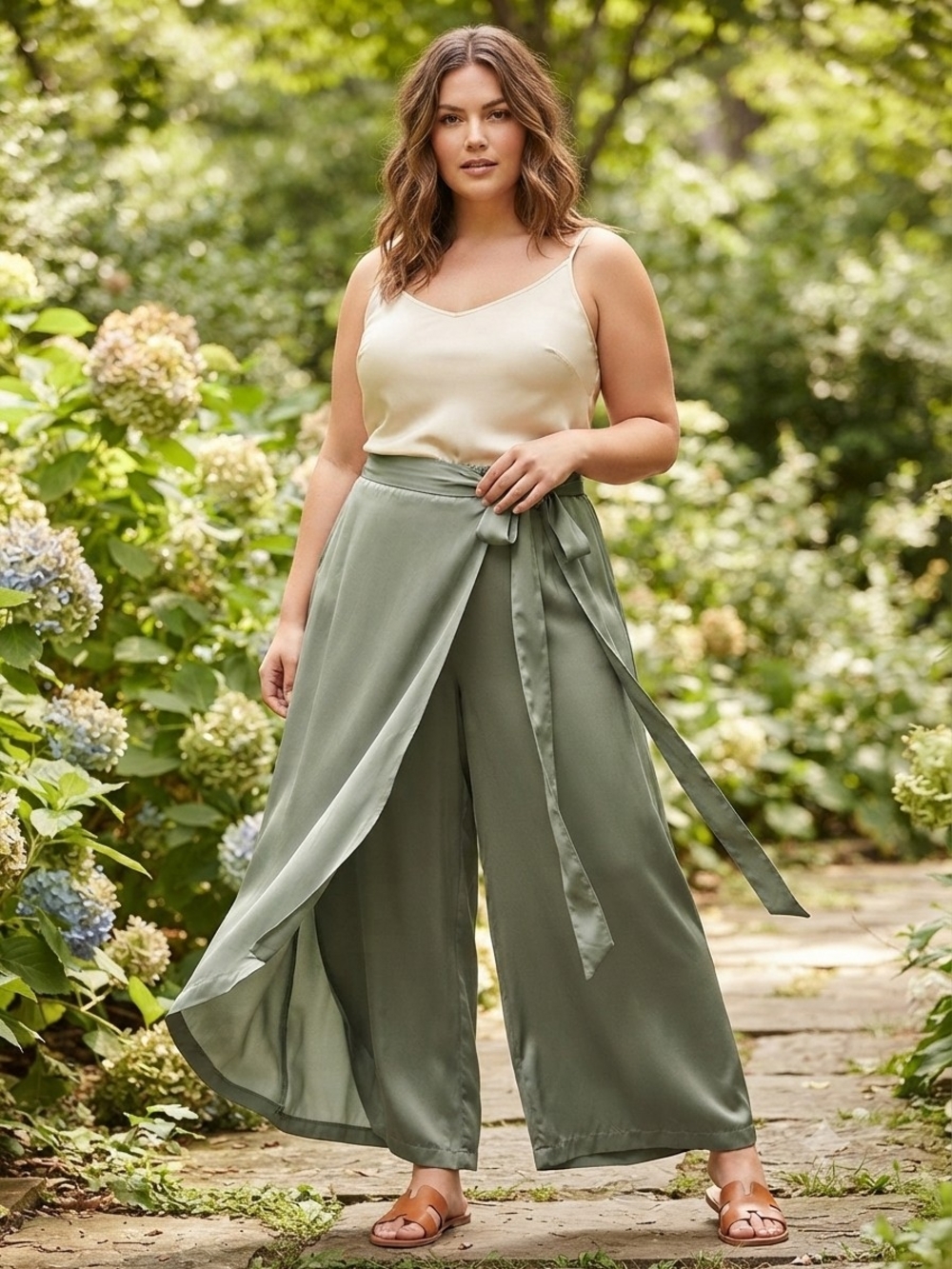 Satin Wrap Wide-Leg Jumpsuit Pants in Sage